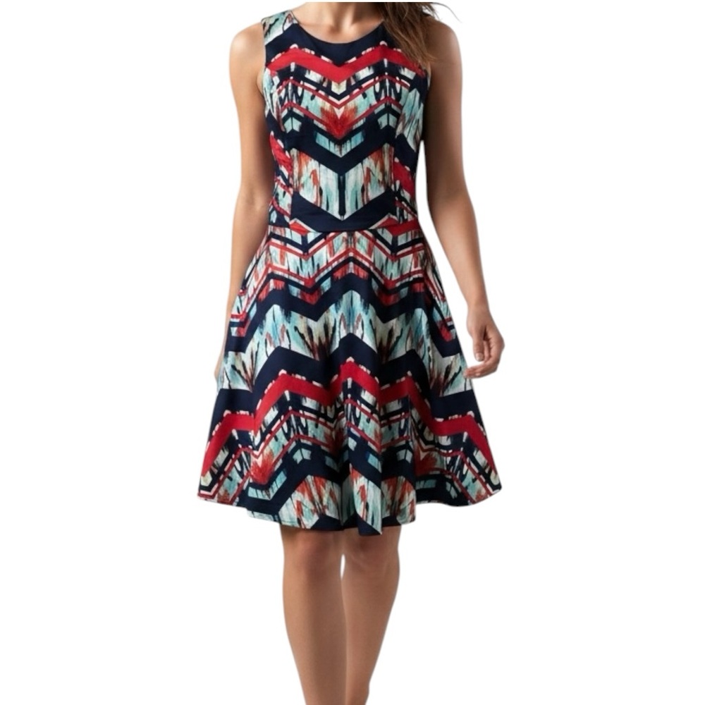 Bailey Blue Sleeveless Navy Multicolor Chevron Fit & Flare Rockabilly Dress M